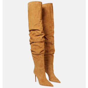 Amina Muaddi Jahleel Over the Knee Ruched Pointed Toe Stiletto Tan Suede Slouch